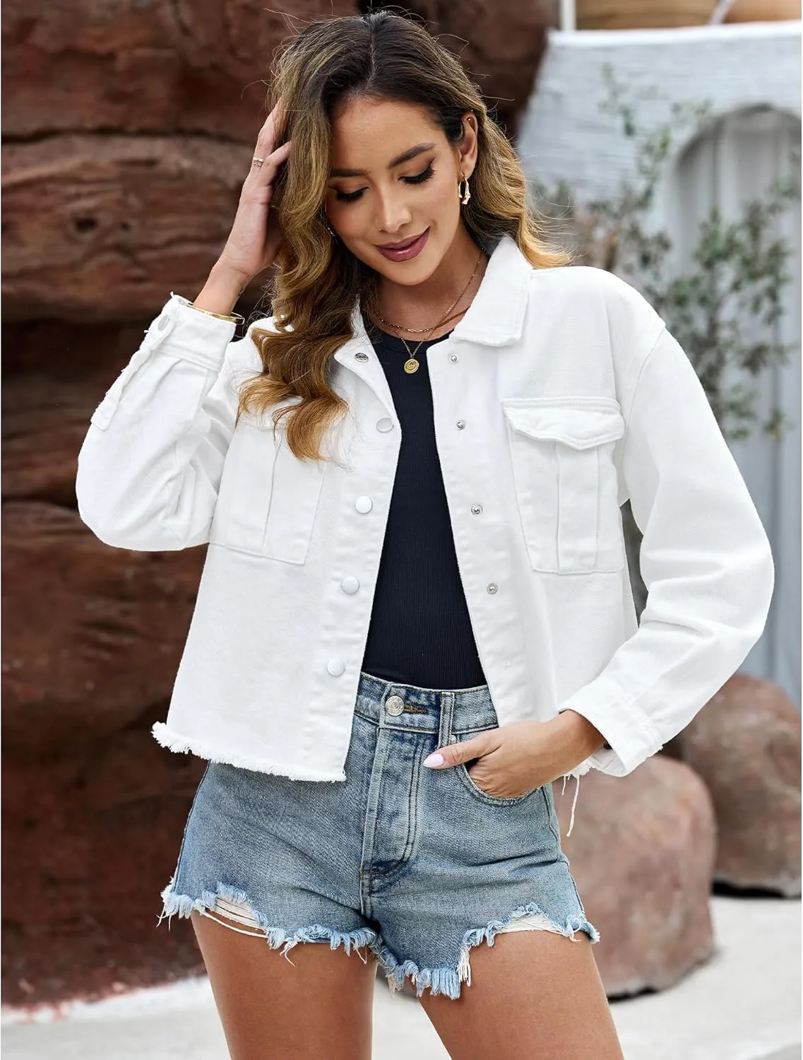 luvamia Jean Jacket Women Trendy Oversized Denim Jacket Raw Hem Long Sleeves Fashion Casual Jackets Shacket with Pockets
