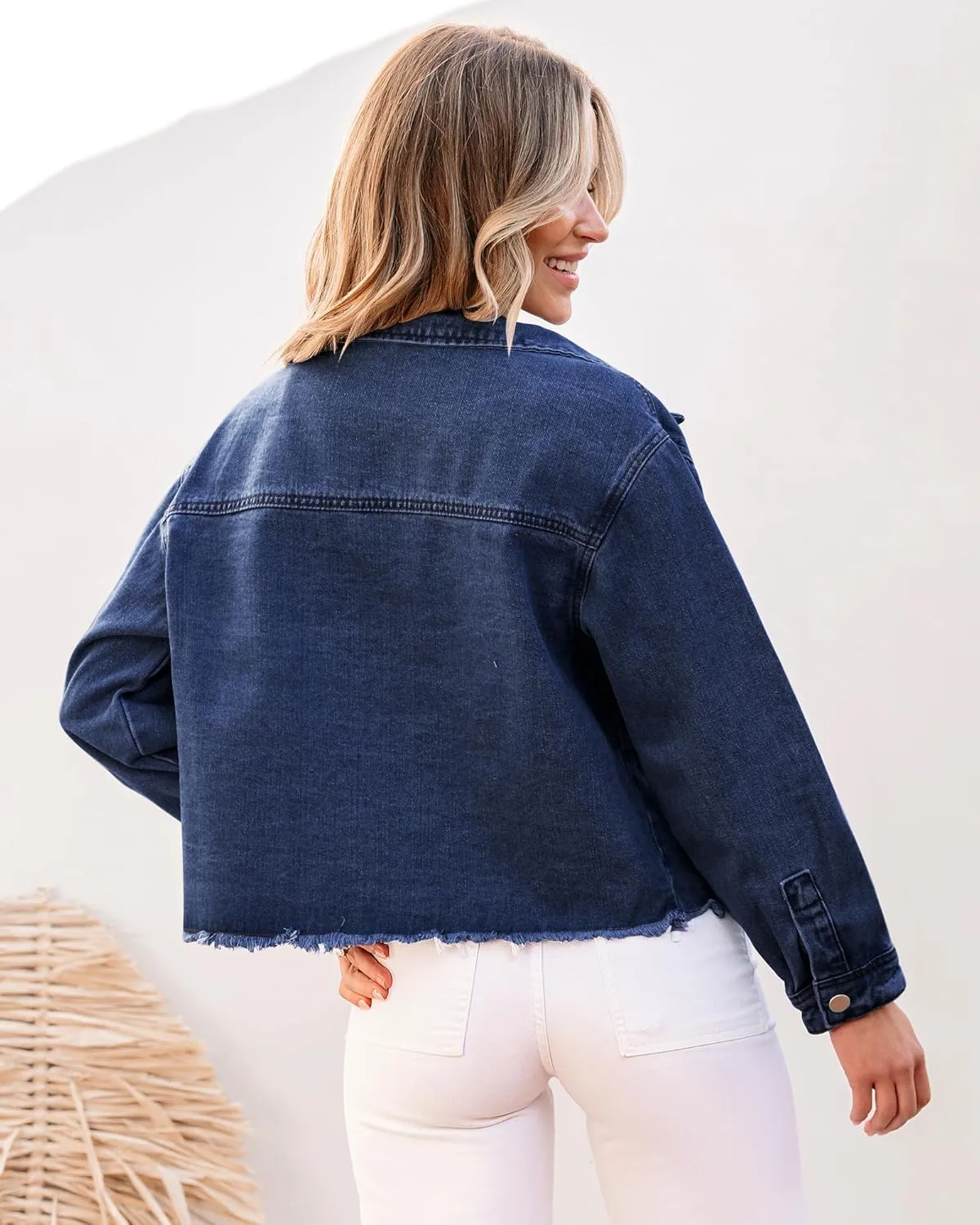 luvamia Jean Jacket Women Trendy Oversized Denim Jacket Raw Hem Long Sleeves Fashion Casual Jackets Shacket with Pockets