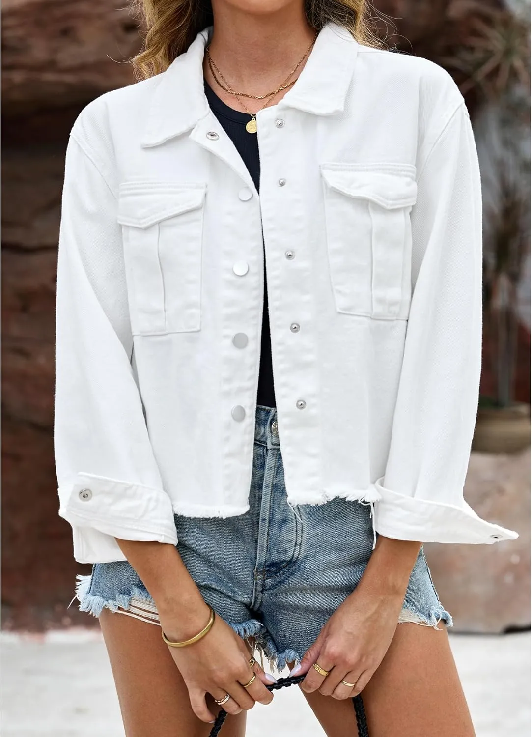 luvamia Jean Jacket Women Trendy Oversized Denim Jacket Raw Hem Long Sleeves Fashion Casual Jackets Shacket with Pockets