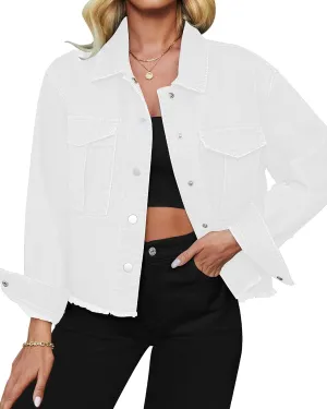 luvamia Jean Jacket Women Trendy Oversized Denim Jacket Raw Hem Long Sleeves Fashion Casual Jackets Shacket with Pockets