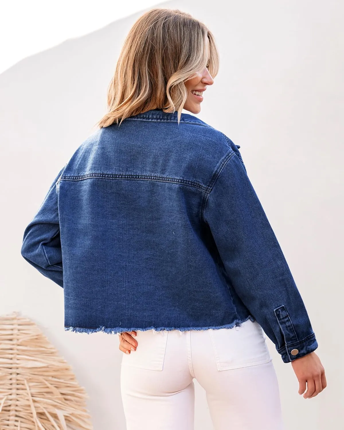 luvamia Jean Jacket Women Trendy Oversized Denim Jacket Raw Hem Long Sleeves Fashion Casual Jackets Shacket with Pockets