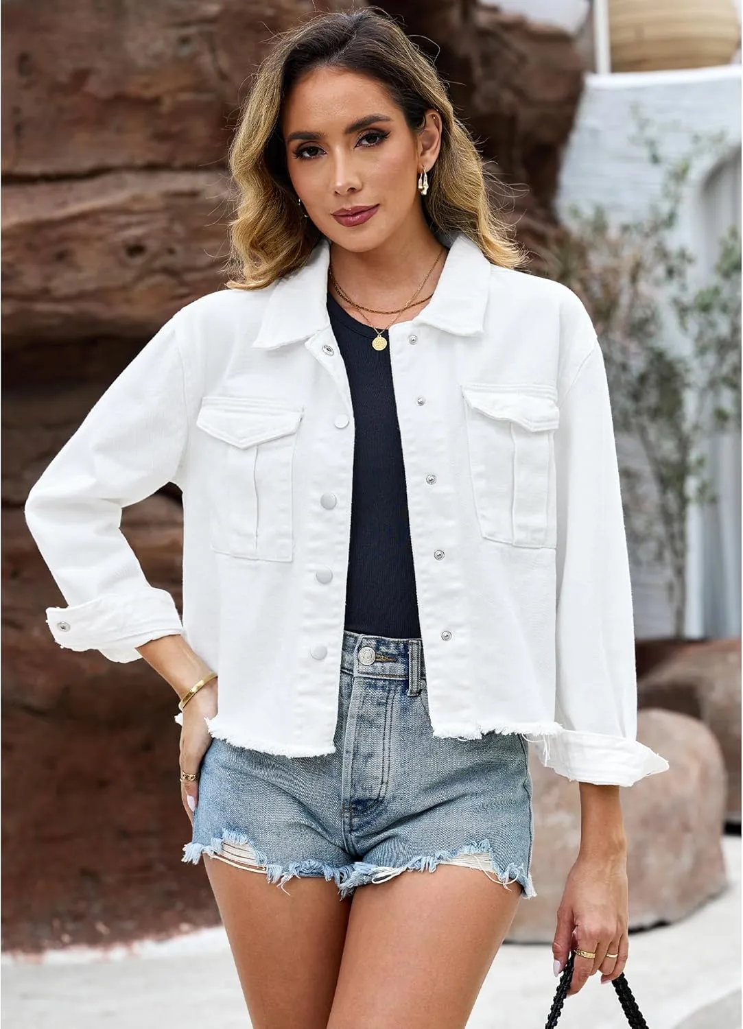luvamia Jean Jacket Women Trendy Oversized Denim Jacket Raw Hem Long Sleeves Fashion Casual Jackets Shacket with Pockets