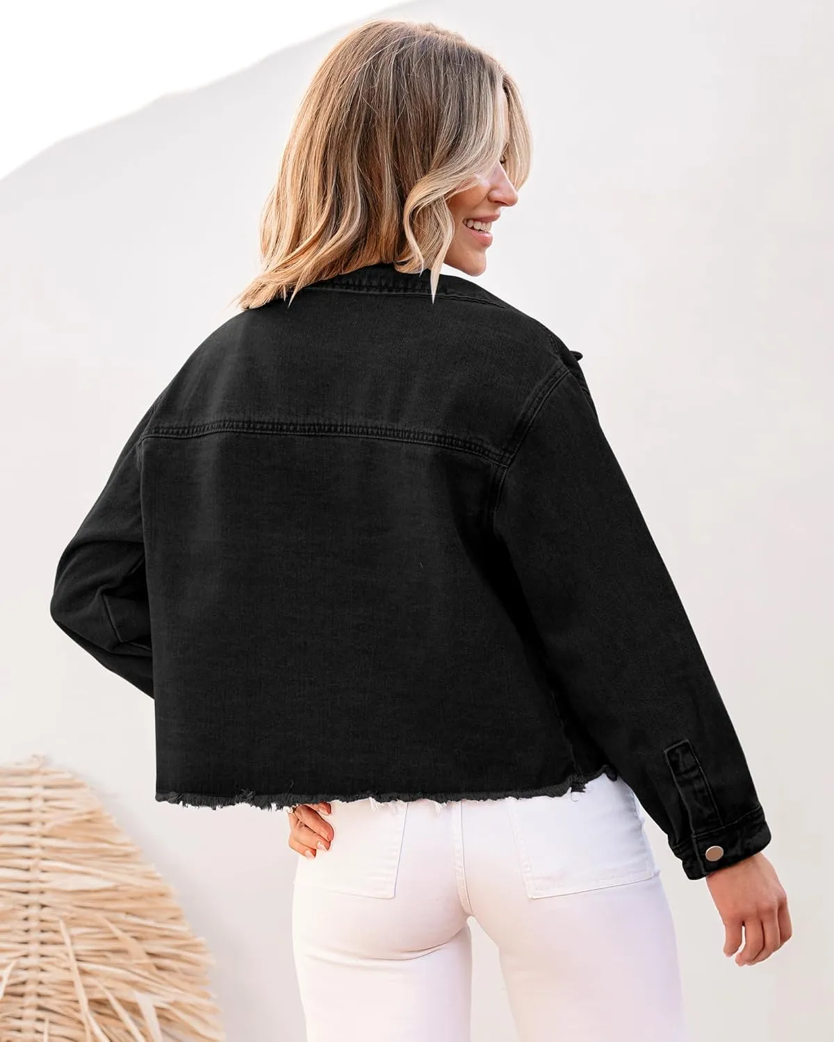luvamia Jean Jacket Women Trendy Oversized Denim Jacket Raw Hem Long Sleeves Fashion Casual Jackets Shacket with Pockets