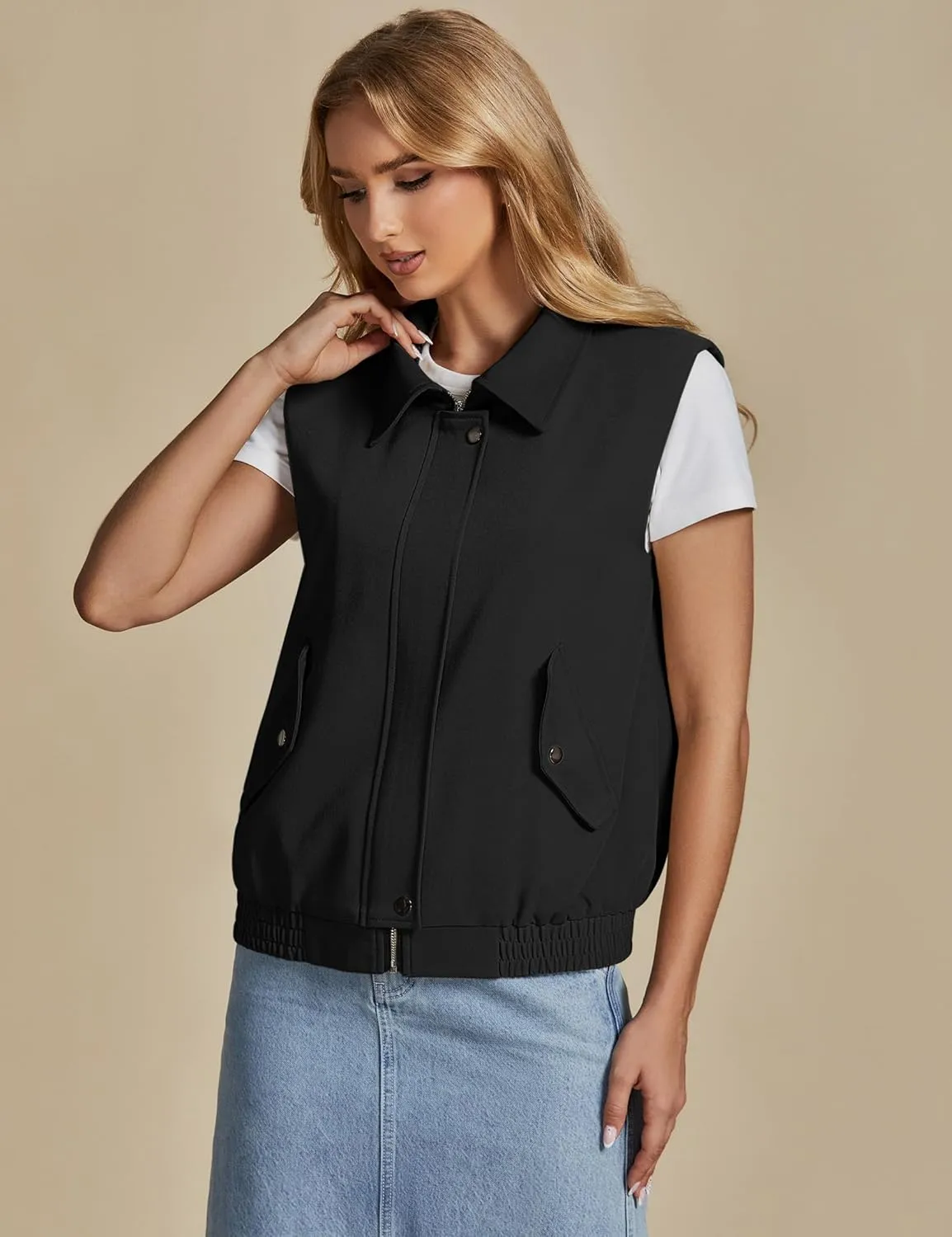 luvamia Vest for Women Trendy Zip Up Casual Fashion Elastic Hem Fall Sleeveless Jacket Outerwear Vests Tops with Pockets