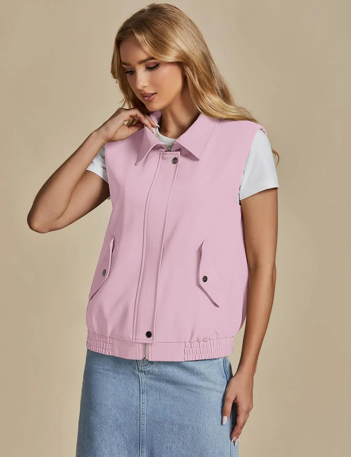 luvamia Vest for Women Trendy Zip Up Casual Fashion Elastic Hem Fall Sleeveless Jacket Outerwear Vests Tops with Pockets