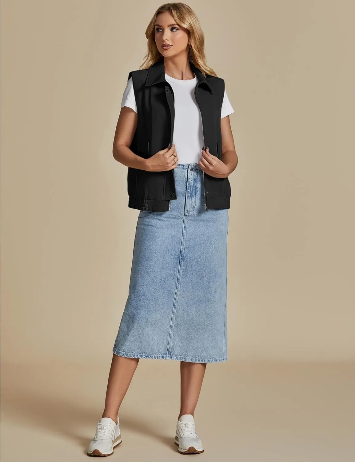 luvamia Vest for Women Trendy Zip Up Casual Fashion Elastic Hem Fall Sleeveless Jacket Outerwear Vests Tops with Pockets