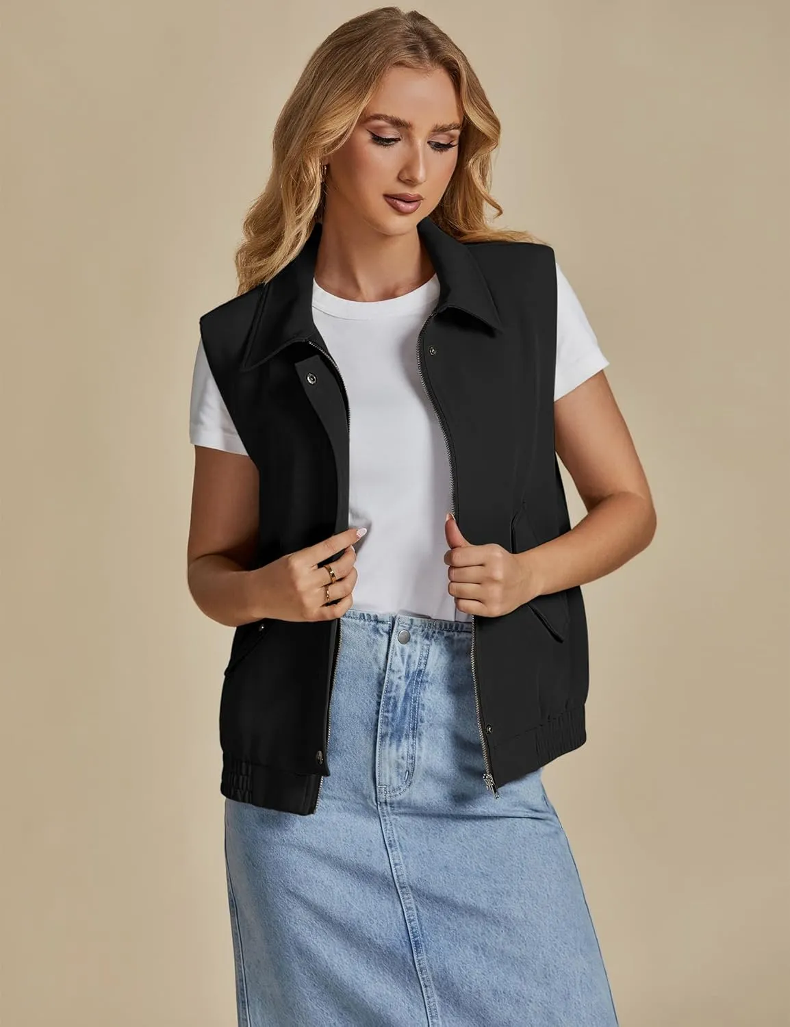 luvamia Vest for Women Trendy Zip Up Casual Fashion Elastic Hem Fall Sleeveless Jacket Outerwear Vests Tops with Pockets
