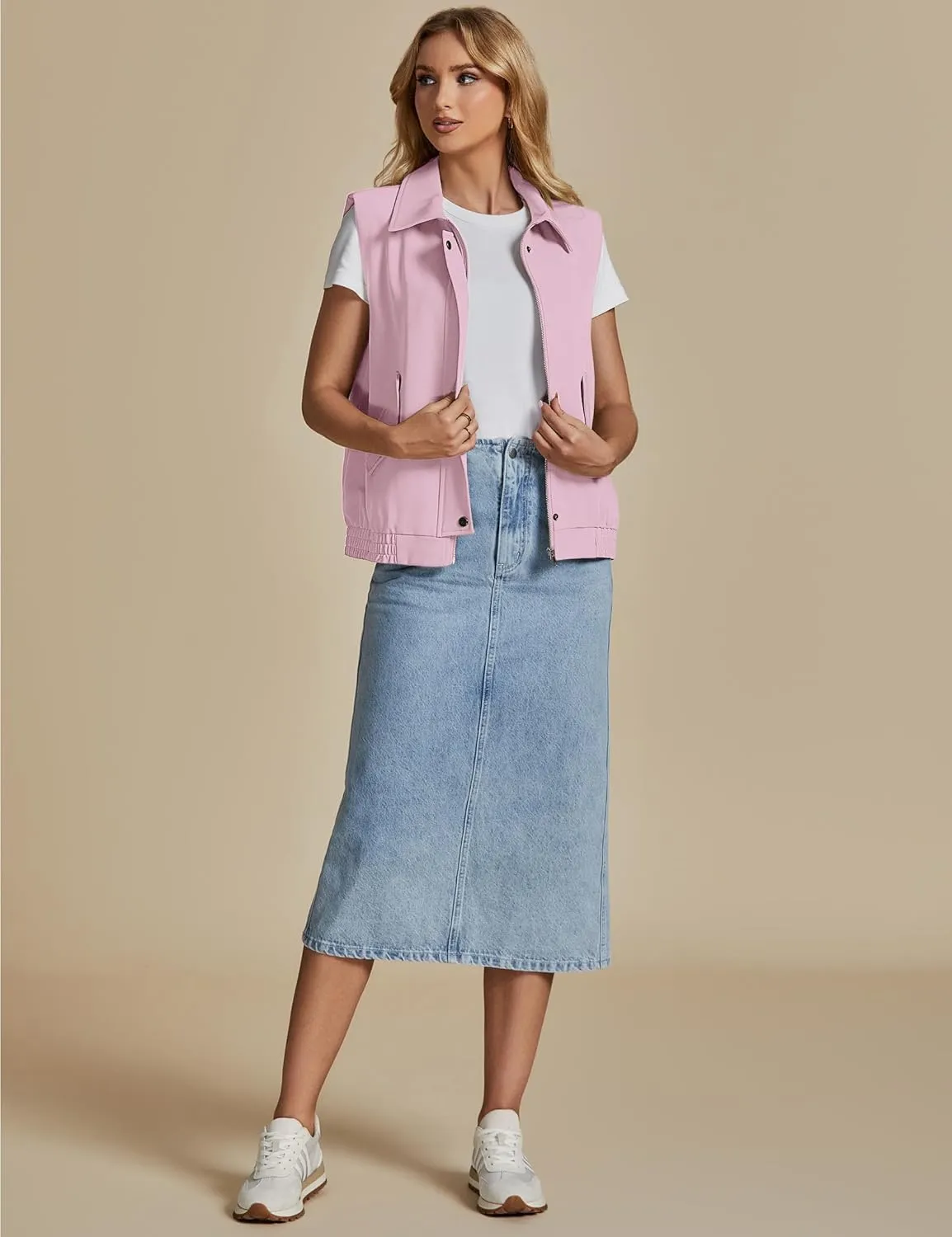 luvamia Vest for Women Trendy Zip Up Casual Fashion Elastic Hem Fall Sleeveless Jacket Outerwear Vests Tops with Pockets