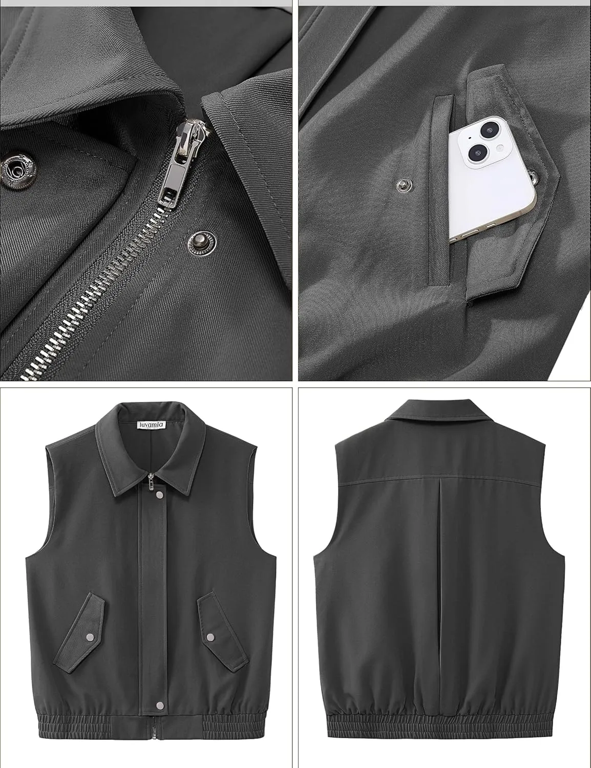 luvamia Vest for Women Trendy Zip Up Casual Fashion Elastic Hem Fall Sleeveless Jacket Outerwear Vests Tops with Pockets