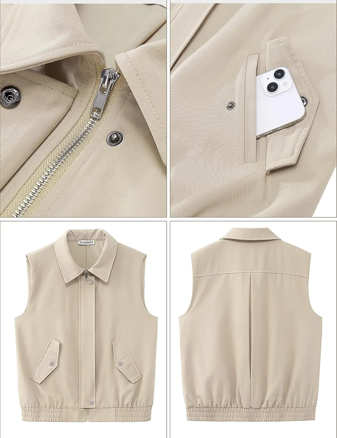 luvamia Vest for Women Trendy Zip Up Casual Fashion Elastic Hem Fall Sleeveless Jacket Outerwear Vests Tops with Pockets