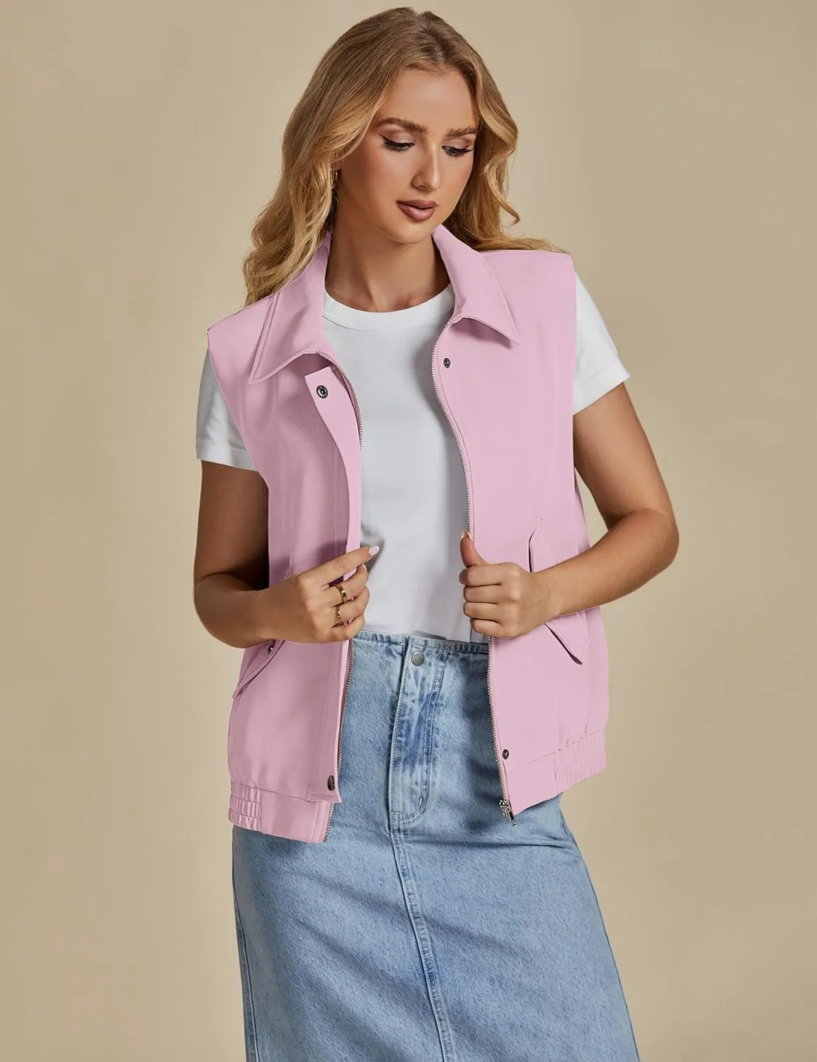 luvamia Vest for Women Trendy Zip Up Casual Fashion Elastic Hem Fall Sleeveless Jacket Outerwear Vests Tops with Pockets