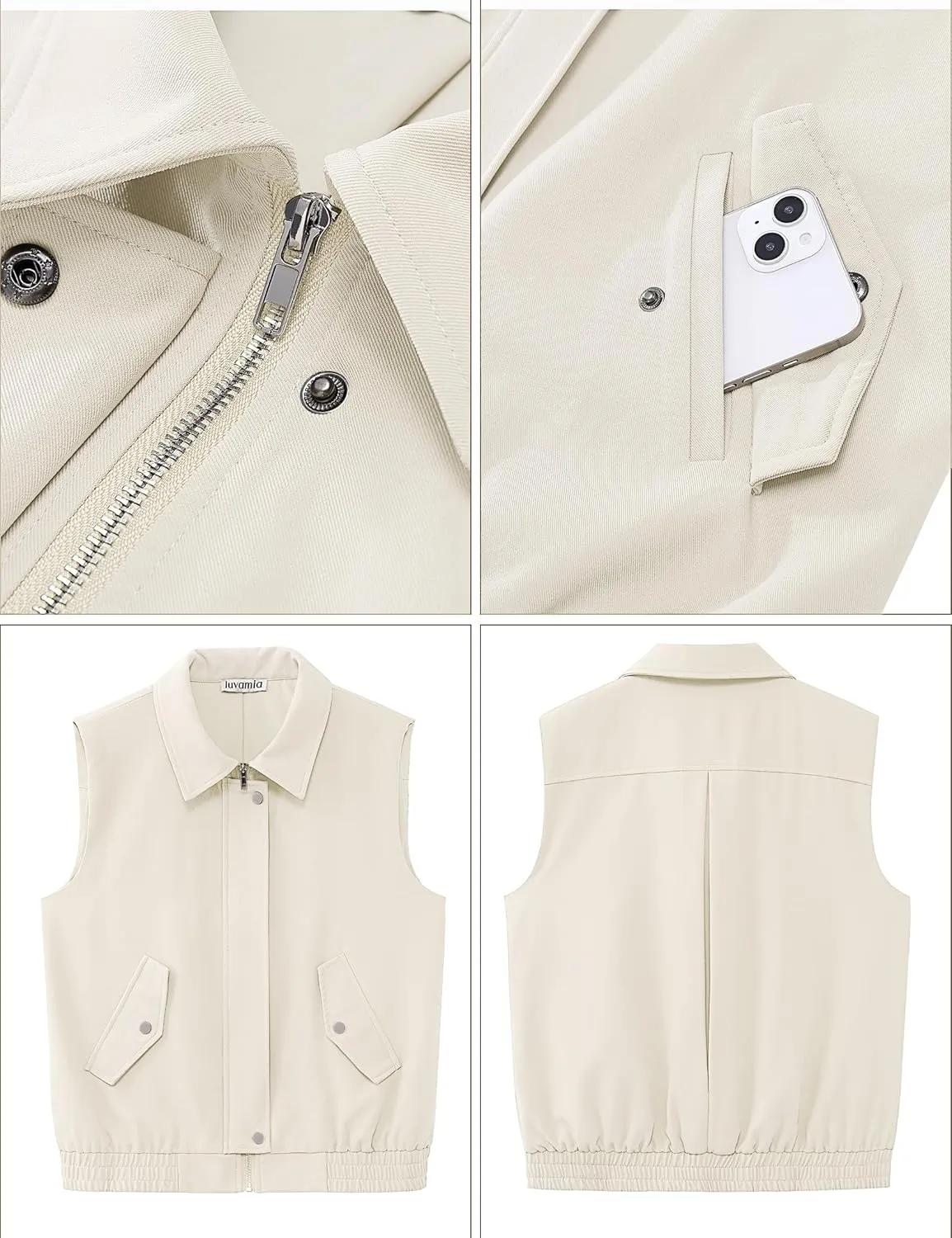 luvamia Vest for Women Trendy Zip Up Casual Fashion Elastic Hem Fall Sleeveless Jacket Outerwear Vests Tops with Pockets