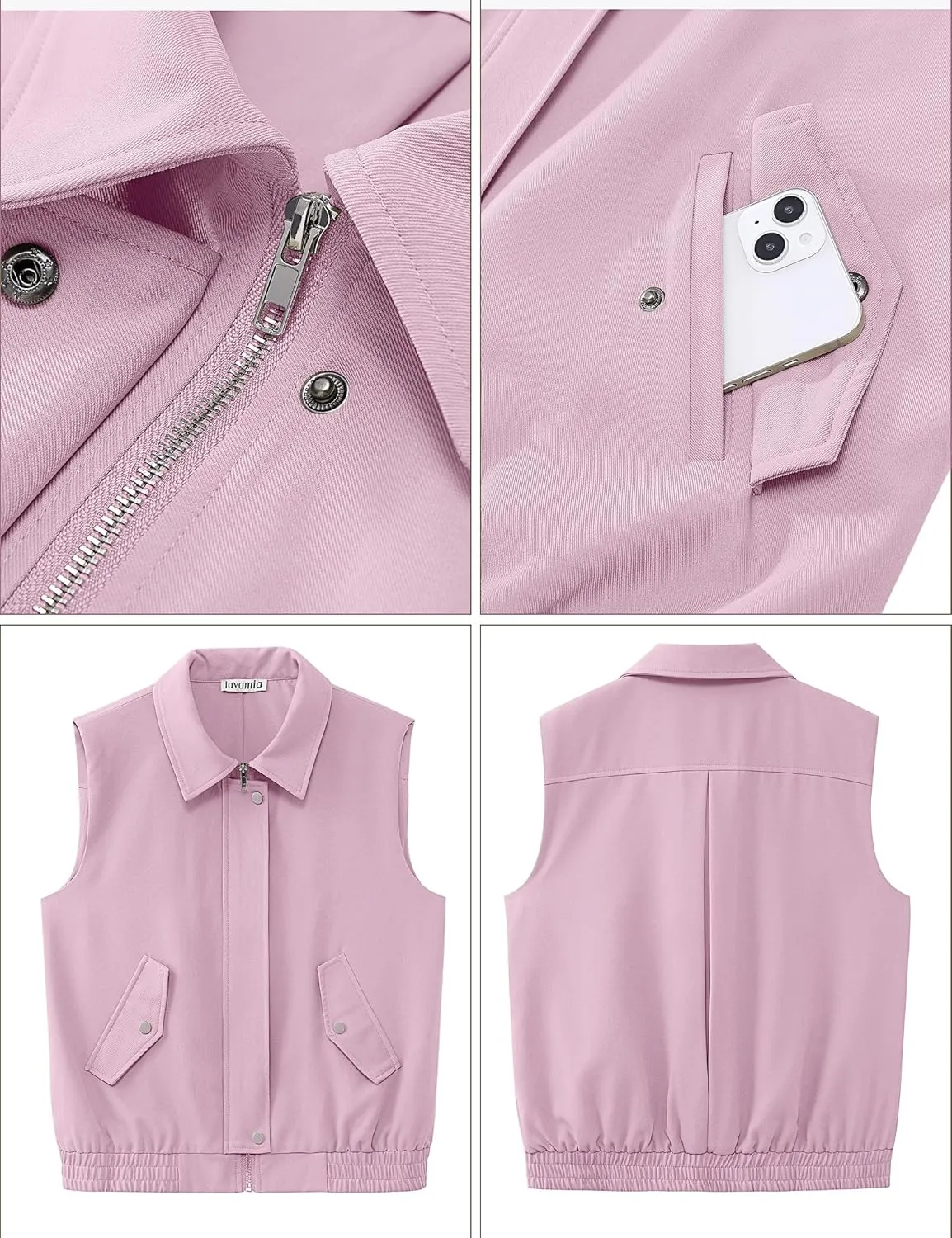 luvamia Vest for Women Trendy Zip Up Casual Fashion Elastic Hem Fall Sleeveless Jacket Outerwear Vests Tops with Pockets