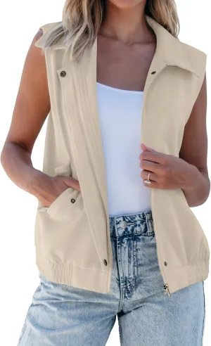 luvamia Vest for Women Trendy Zip Up Casual Fashion Elastic Hem Fall Sleeveless Jacket Outerwear Vests Tops with Pockets