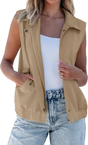 luvamia Vest for Women Trendy Zip Up Casual Fashion Elastic Hem Fall Sleeveless Jacket Outerwear Vests Tops with Pockets