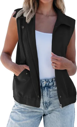 luvamia Vest for Women Trendy Zip Up Casual Fashion Elastic Hem Fall Sleeveless Jacket Outerwear Vests Tops with Pockets