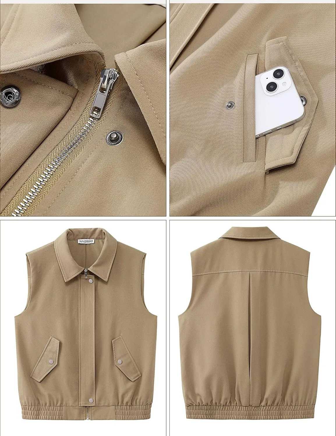 luvamia Vest for Women Trendy Zip Up Casual Fashion Elastic Hem Fall Sleeveless Jacket Outerwear Vests Tops with Pockets