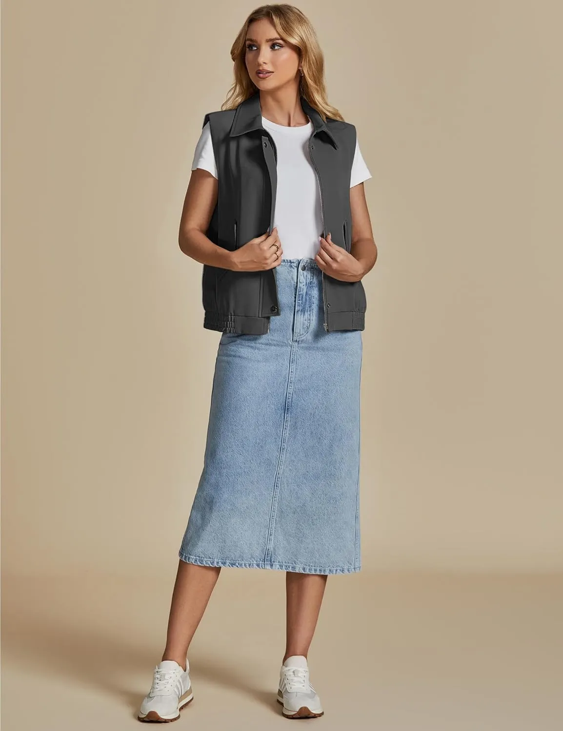 luvamia Vest for Women Trendy Zip Up Casual Fashion Elastic Hem Fall Sleeveless Jacket Outerwear Vests Tops with Pockets