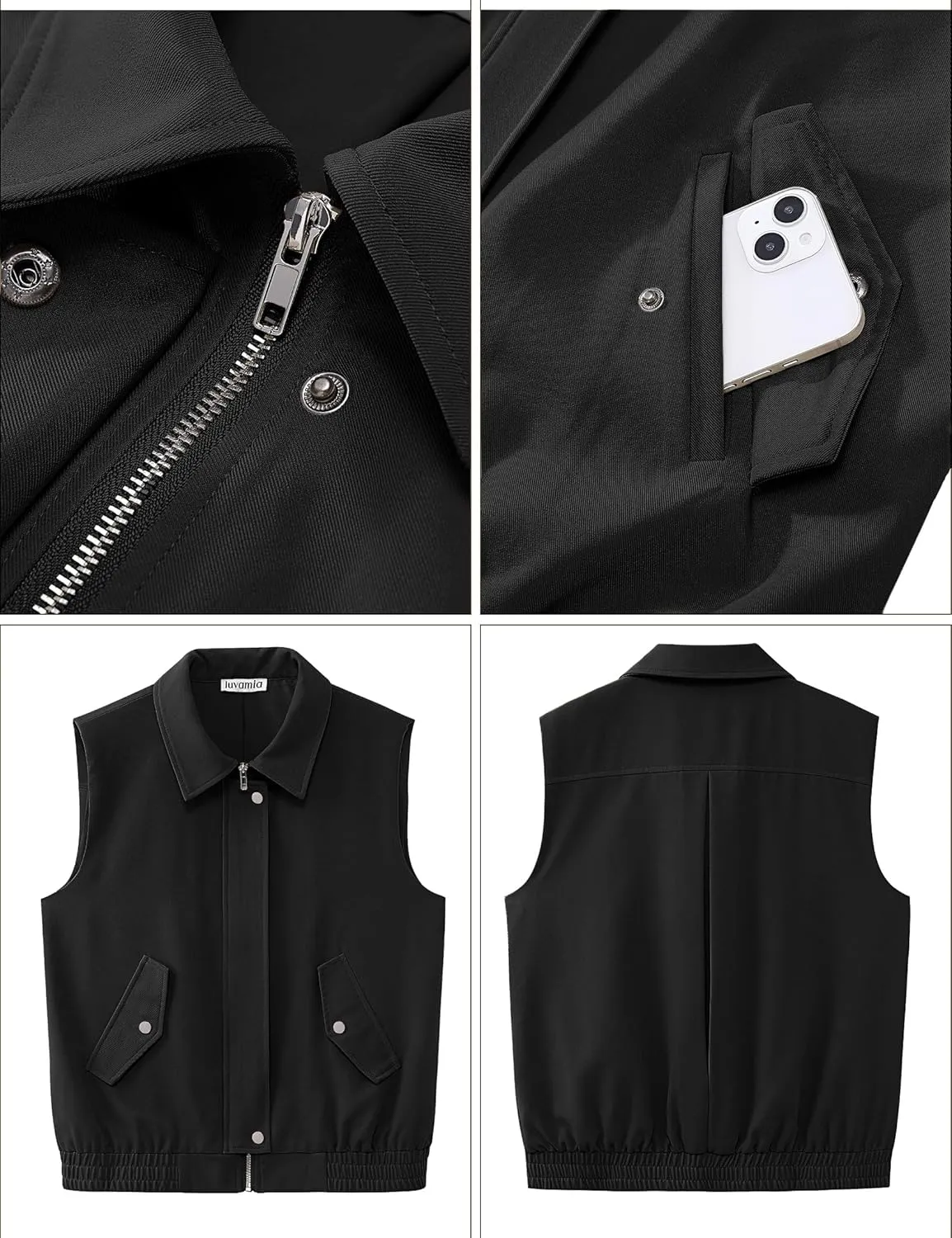 luvamia Vest for Women Trendy Zip Up Casual Fashion Elastic Hem Fall Sleeveless Jacket Outerwear Vests Tops with Pockets