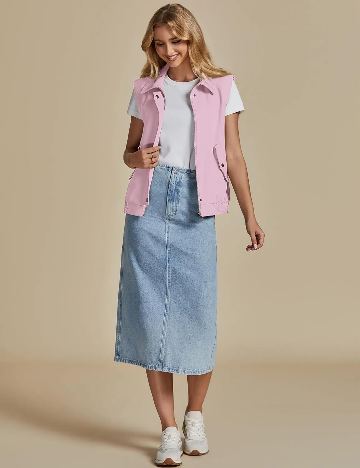 luvamia Vest for Women Trendy Zip Up Casual Fashion Elastic Hem Fall Sleeveless Jacket Outerwear Vests Tops with Pockets