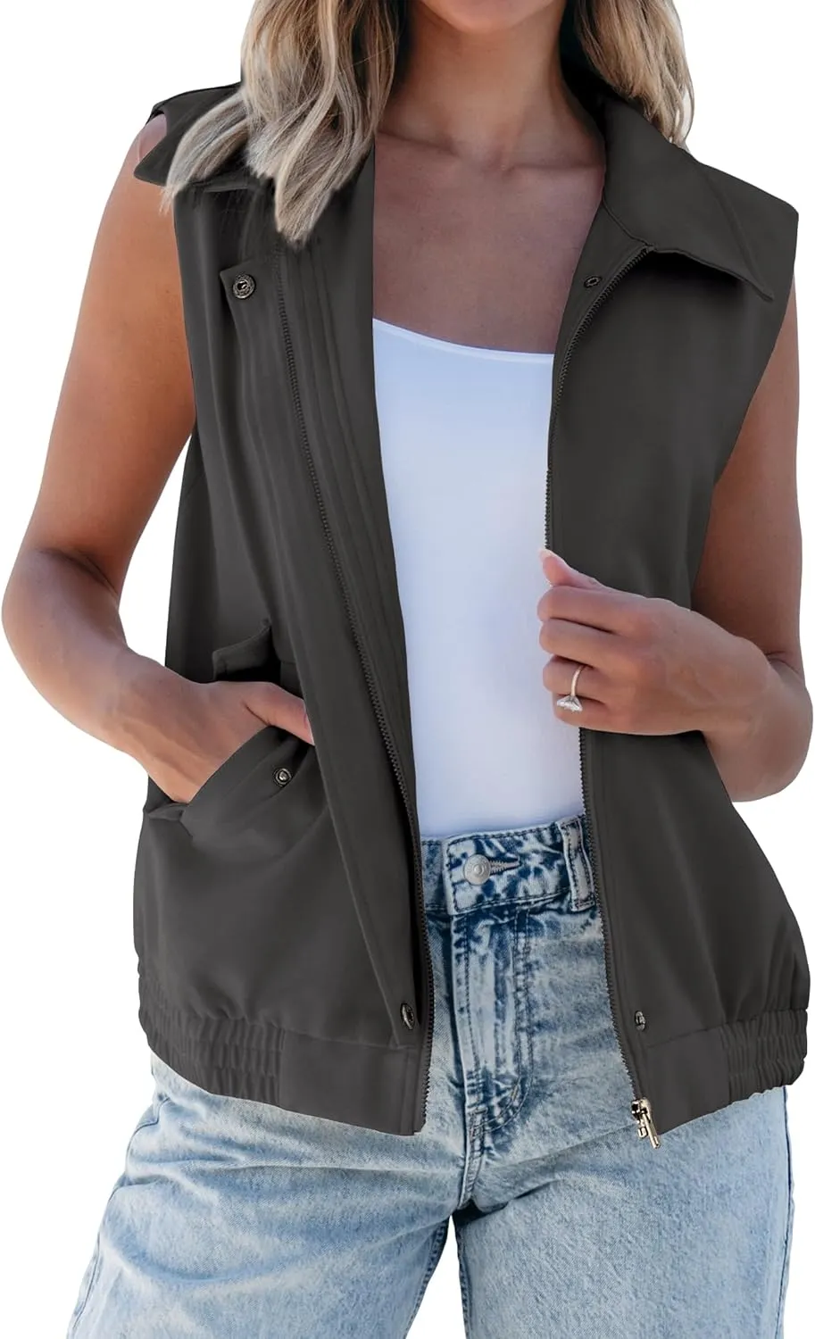 luvamia Vest for Women Trendy Zip Up Casual Fashion Elastic Hem Fall Sleeveless Jacket Outerwear Vests Tops with Pockets