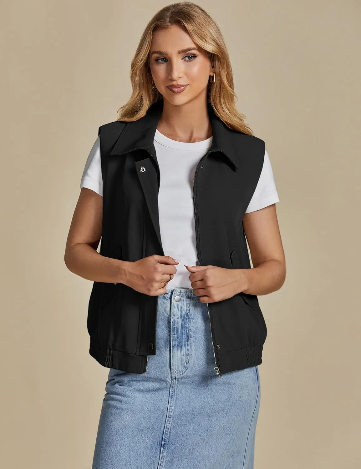 luvamia Vest for Women Trendy Zip Up Casual Fashion Elastic Hem Fall Sleeveless Jacket Outerwear Vests Tops with Pockets