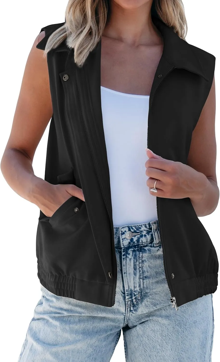 luvamia Vest for Women Trendy Zip Up Casual Fashion Elastic Hem Fall Sleeveless Jacket Outerwear Vests Tops with Pockets