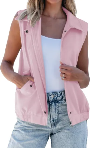 luvamia Vest for Women Trendy Zip Up Casual Fashion Elastic Hem Fall Sleeveless Jacket Outerwear Vests Tops with Pockets
