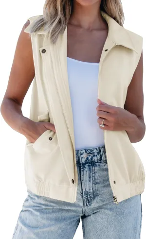luvamia Vest for Women Trendy Zip Up Casual Fashion Elastic Hem Fall Sleeveless Jacket Outerwear Vests Tops with Pockets