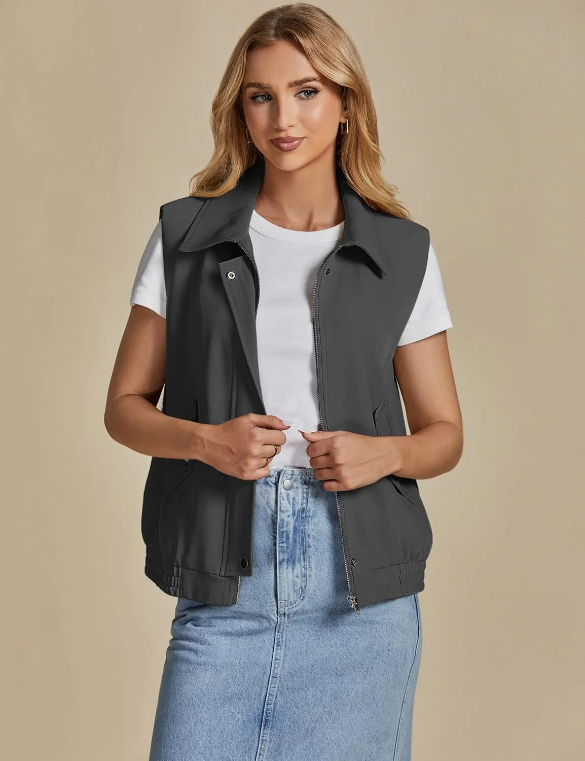 luvamia Vest for Women Trendy Zip Up Casual Fashion Elastic Hem Fall Sleeveless Jacket Outerwear Vests Tops with Pockets