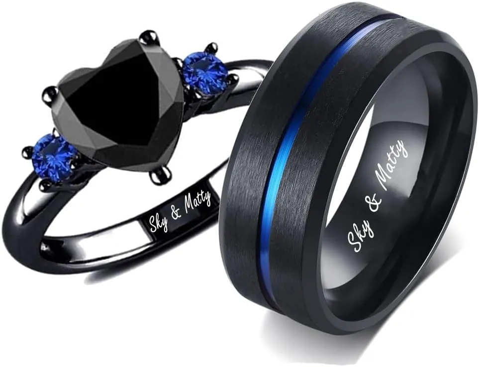 Matching Couple Rings Customizable Promise Rings for Him and Her Stainless Steel Personalized Wedding Rings for Couples Mens Rings Titanium Black Engraved Blue Sapphire Rings for Women,Size 6-13,With Box