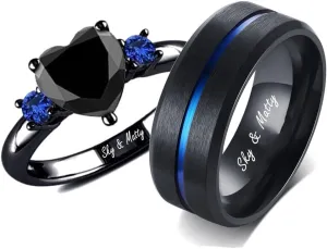 Matching Couple Rings Customizable Promise Rings for Him and Her Stainless Steel Personalized Wedding Rings for Couples Mens Rings Titanium Black Engraved Blue Sapphire Rings for Women,Size 6-13,With Box