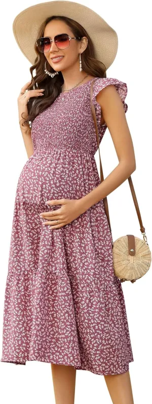 Maternity Dress Spring Women's Maternity Dresses A Line Sweetheart Neck Ruffle Flowy Mini Boho Maternity Dress for Wedding Guest Pink Floral#GL XX-Large