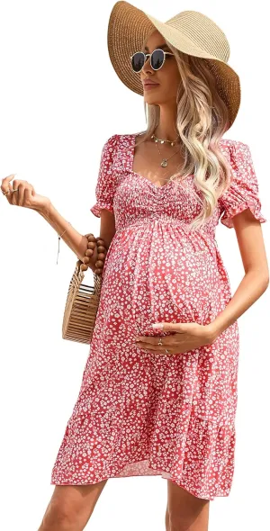 Maternity Dress Women's Maternity Dresses A Line Sweetheart Neck Ruffle Flowy Mini Boho Maternity Dress for Wedding Guest Pinkfloral S