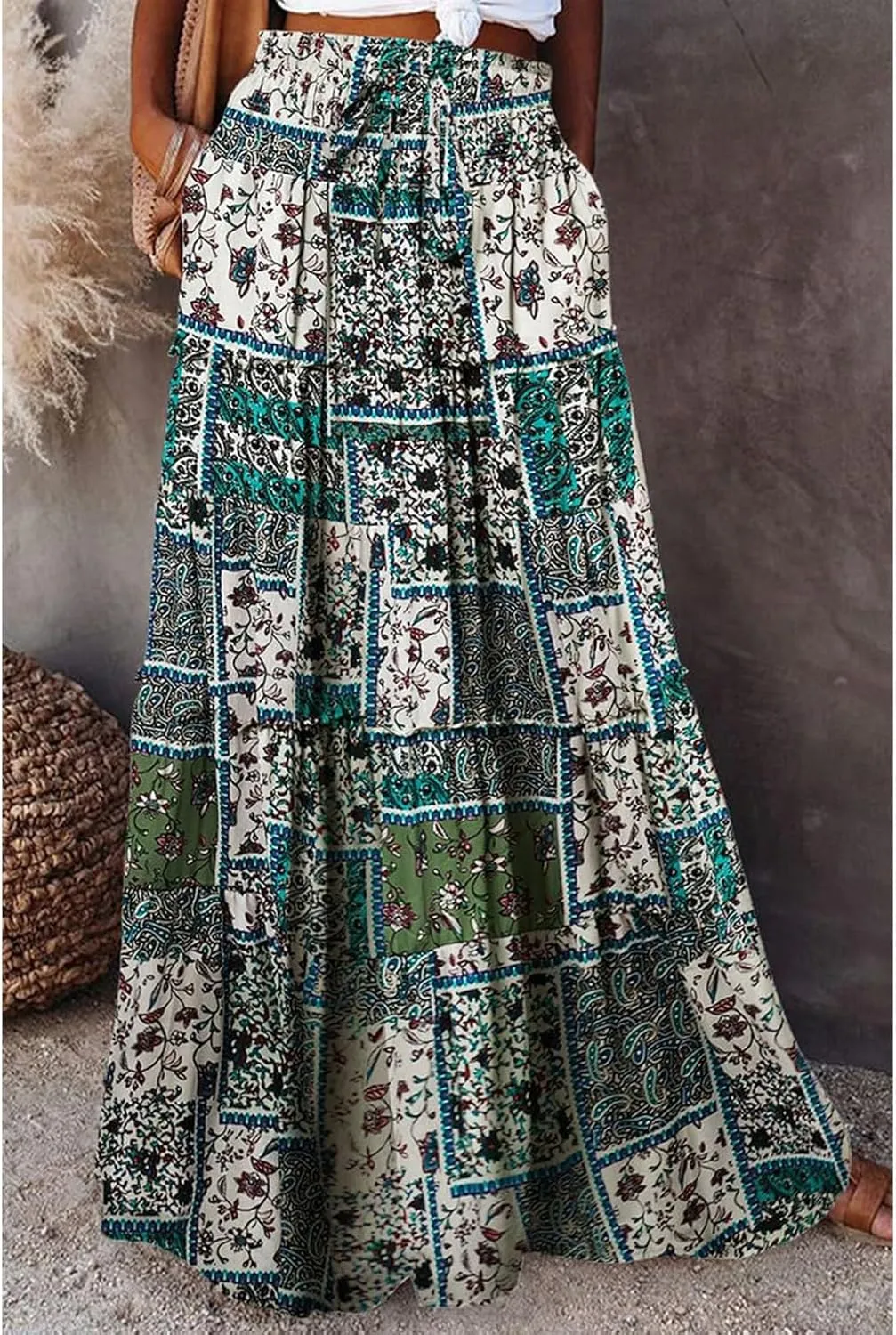 Maxi Skirts-2025 Summer Loose Fit Casual Elastic Waist Bohemian Floral Ruffle Pleated Long Skirts for Women Trendy