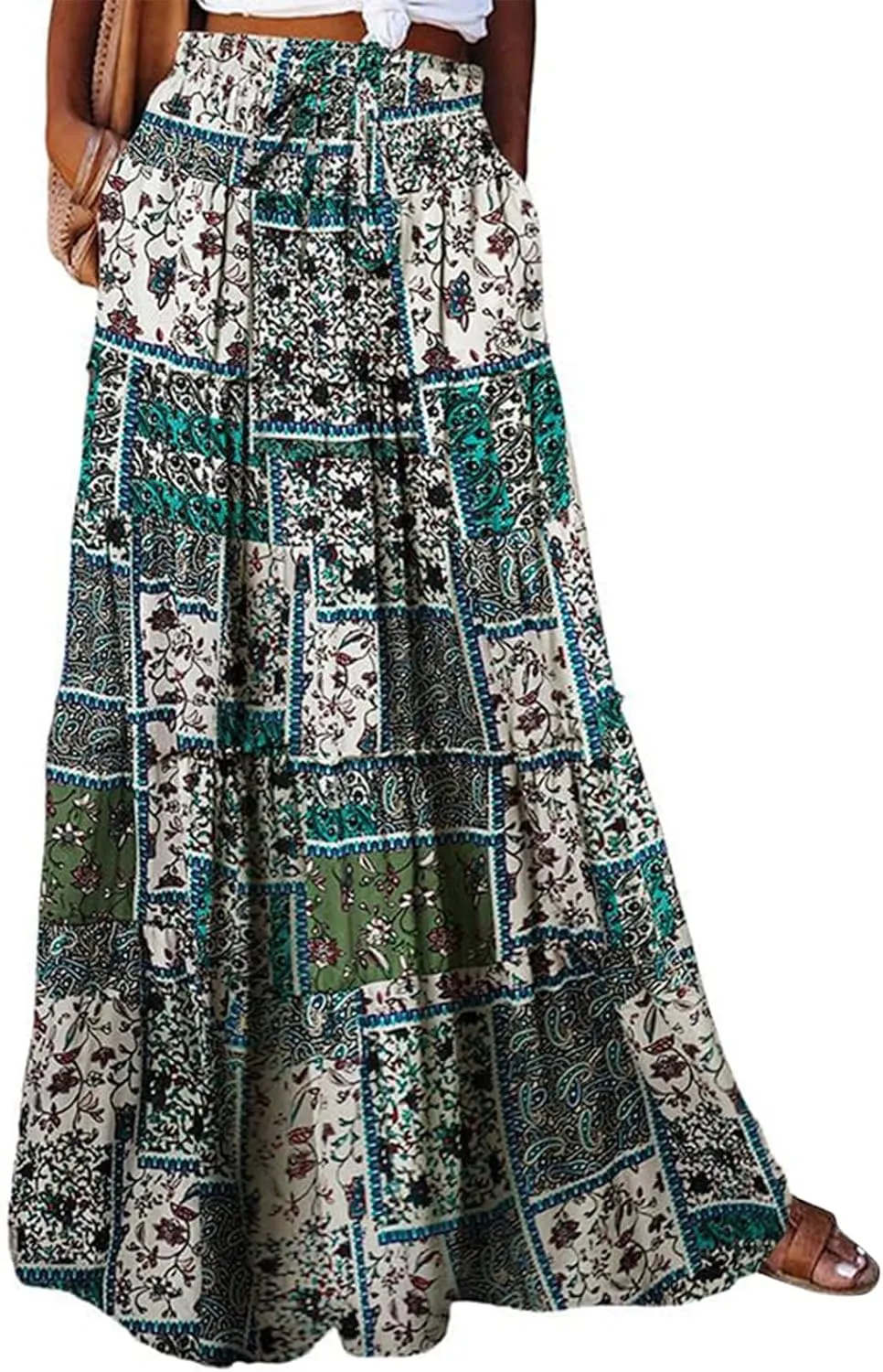 Maxi Skirts-2025 Summer Loose Fit Casual Elastic Waist Bohemian Floral Ruffle Pleated Long Skirts for Women Trendy