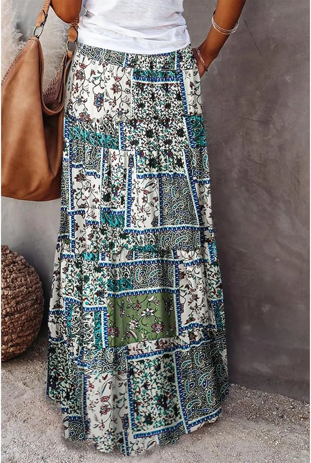 Maxi Skirts-2025 Summer Loose Fit Casual Elastic Waist Bohemian Floral Ruffle Pleated Long Skirts for Women Trendy