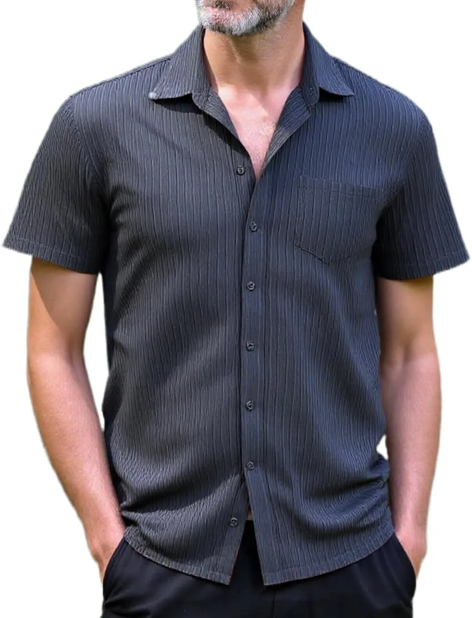 Men Casual Button Down Shirts Short Sleeve Textured Summer Beach Vacation Tops with Pocket Male Tropical Aloha Theme Tee