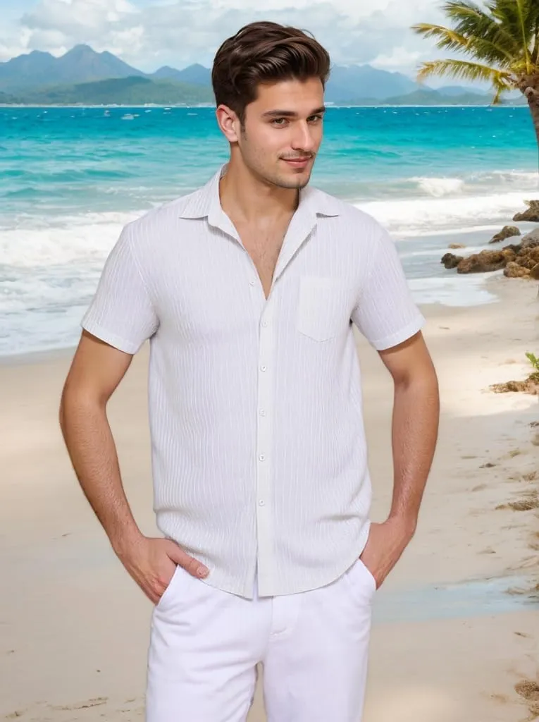 Men Casual Button Down Shirts Short Sleeve Textured Summer Beach Vacation Tops with Pocket Male Tropical Aloha Theme Tee