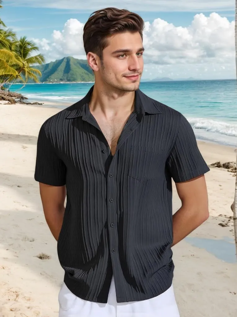 Men Casual Button Down Shirts Short Sleeve Textured Summer Beach Vacation Tops with Pocket Male Tropical Aloha Theme Tee