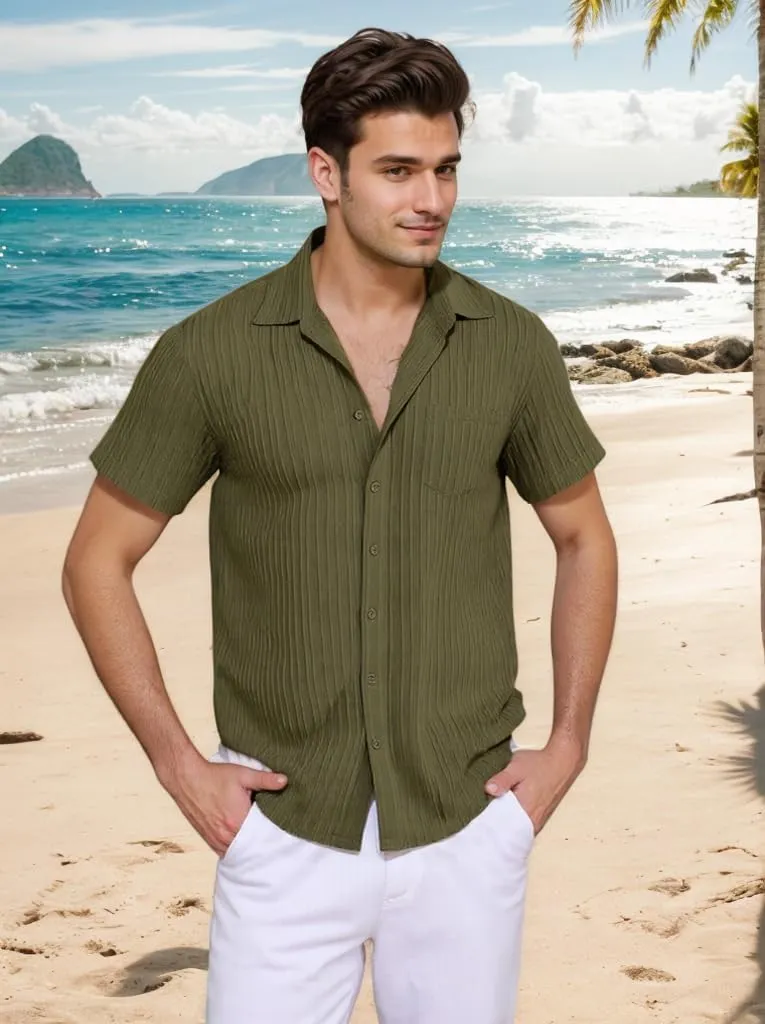 Men Casual Button Down Shirts Short Sleeve Textured Summer Beach Vacation Tops with Pocket Male Tropical Aloha Theme Tee
