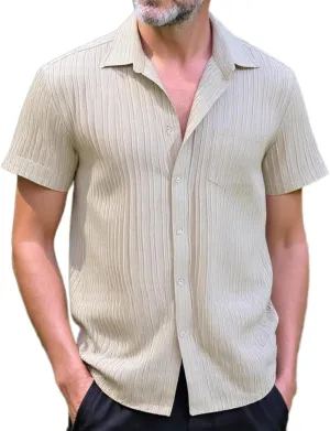 Men Casual Button Down Shirts Short Sleeve Textured Summer Beach Vacation Tops with Pocket Male Tropical Aloha Theme Tee