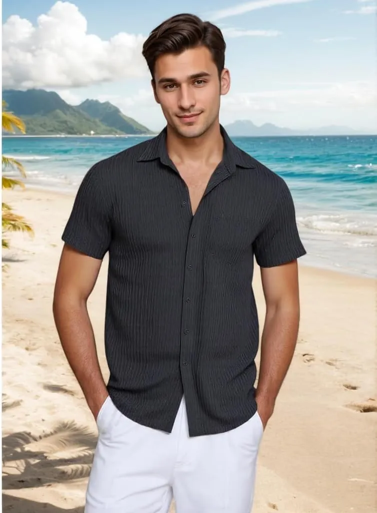 Men Casual Button Down Shirts Short Sleeve Textured Summer Beach Vacation Tops with Pocket Male Tropical Aloha Theme Tee