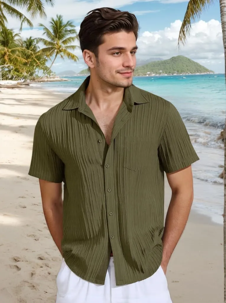 Men Casual Button Down Shirts Short Sleeve Textured Summer Beach Vacation Tops with Pocket Male Tropical Aloha Theme Tee
