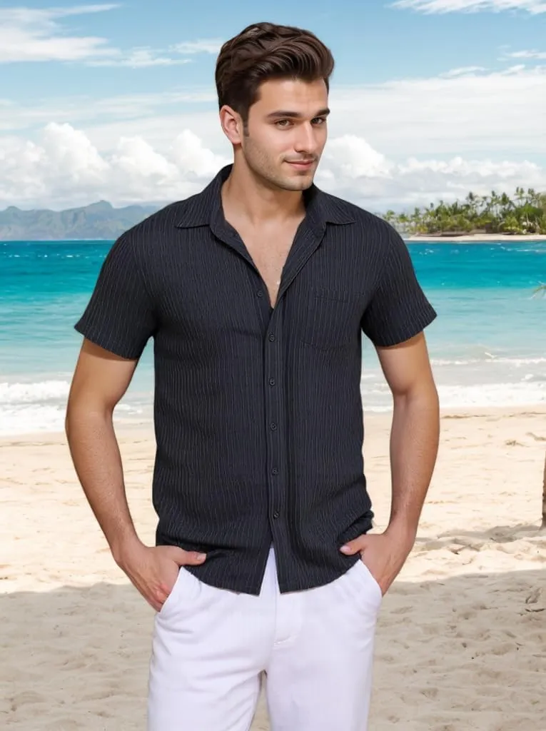 Men Casual Button Down Shirts Short Sleeve Textured Summer Beach Vacation Tops with Pocket Male Tropical Aloha Theme Tee