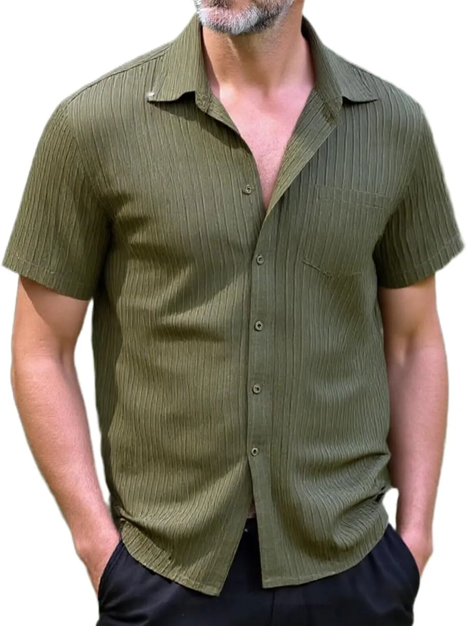 Men Casual Button Down Shirts Short Sleeve Textured Summer Beach Vacation Tops with Pocket Male Tropical Aloha Theme Tee