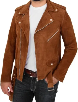 Men Real Tan Suede Fringe Tassel Brando Notch Lapel Collar Vintage Motorcycle Western American Cowboy Jacket