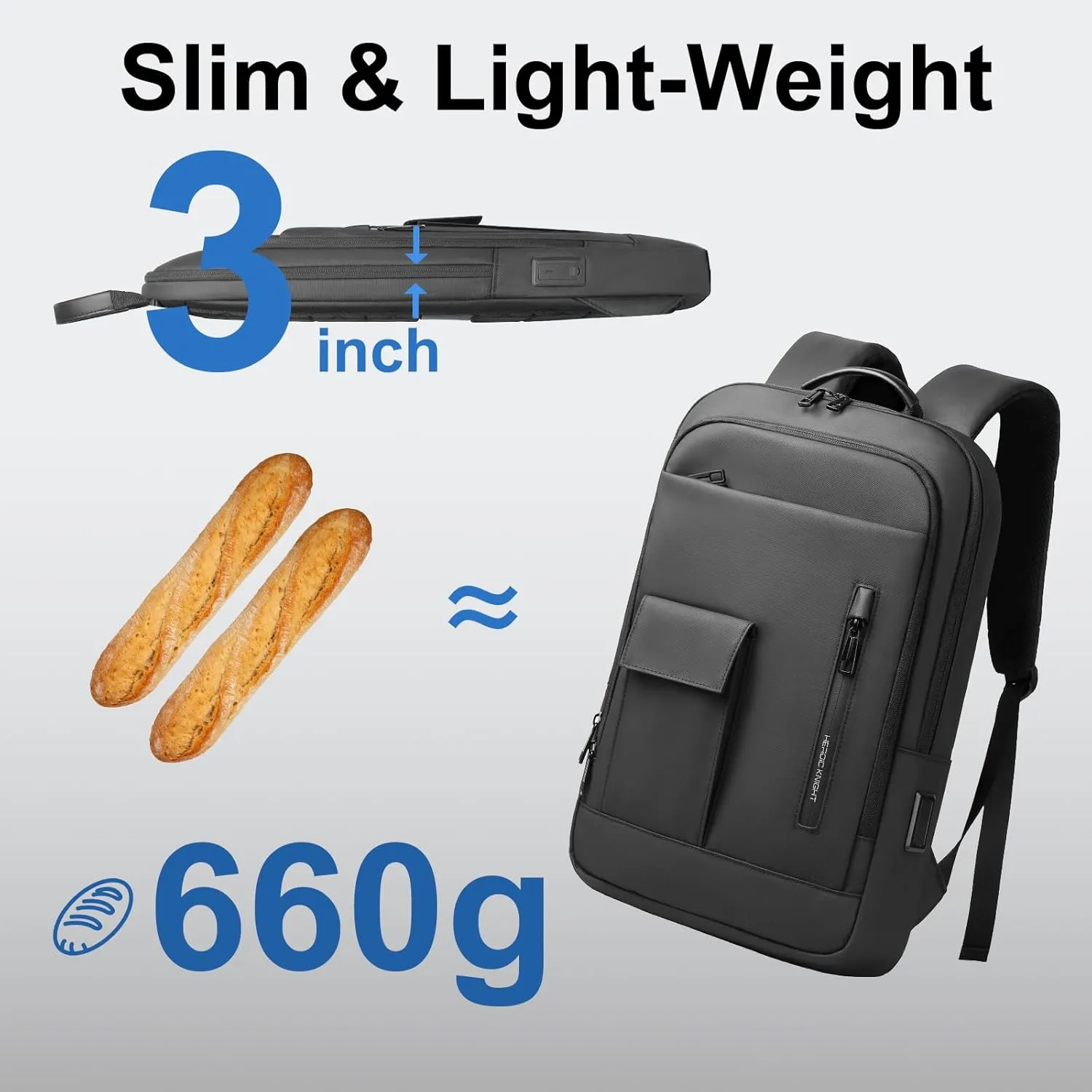 Mens Backpack Slim Business Backpack with USB Charging Port Lightweight Computer Backpacks for 16 Inch Laptop Bag Water-Resistant Anti-Theft Daypack for Daily Office Work College Travel-Black