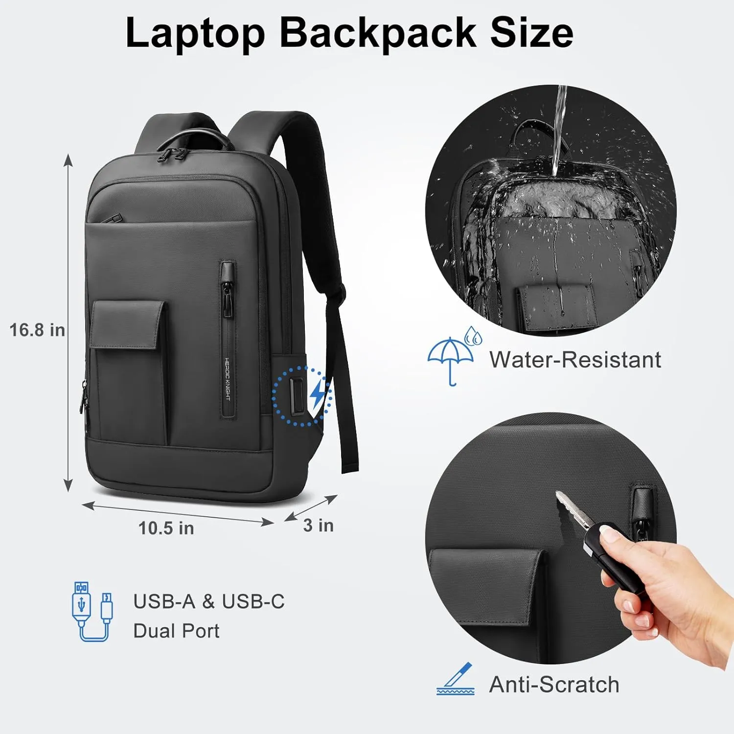 Mens Backpack Slim Business Backpack with USB Charging Port Lightweight Computer Backpacks for 16 Inch Laptop Bag Water-Resistant Anti-Theft Daypack for Daily Office Work College Travel-Black