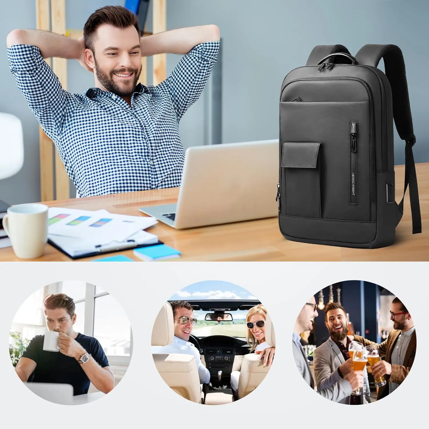 Mens Backpack Slim Business Backpack with USB Charging Port Lightweight Computer Backpacks for 16 Inch Laptop Bag Water-Resistant Anti-Theft Daypack for Daily Office Work College Travel-Black